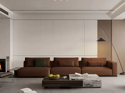 Modern Living Room Interior With Brown Sofa White Walls Fireplace Floor Lamp And Coffee Table 3d model