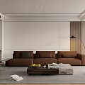 Modern Living Room Interior With Brown Sofa White Walls Fireplace Floor Lamp And Coffee Table