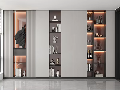 Modern Display Cabinet With Illuminated Shelves Books Decorative Items And Wine Bottles 3d model