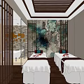 SPA Sauna Interior With Striped Wooden Ceiling Two Massage Beds Artistic Wall Decor