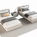 Modern Single Bed With Upholstered Headboard Cozy Bedding Nightstand Table Lamp And Striped Rug