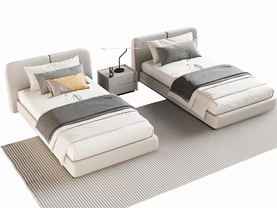 Modern Single Bed With Upholstered Headboard Cozy Bedding Nightstand Table Lamp And Striped Rug 3d model