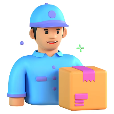 Smiling Delivery Man Wearing Blue Uniform And Cap Holding Yellow Package With Pink Tape 3d model