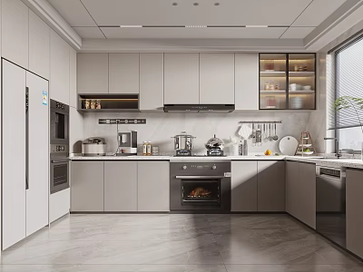 Modern Kitchen Interior With Gray Cabinets Appliances And Island Countertop 3d model