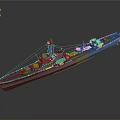 Classic Battleship Water Transport With Detailed Deck And Naval Turrets Design