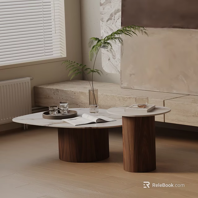 Modern Sofa Coffee Table Set With Marble Top Wooden Legs Plant Books And Glasses 3d model 