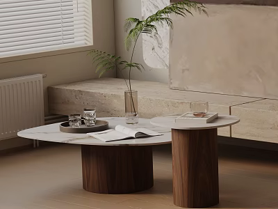 Modern Sofa Coffee Table Set With Marble Top Wooden Legs Plant Books And Glasses 3d model