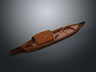 Traditional Brown Wooden Boat As Water Transportation With Round Cover And Wooden Paddle 3d model