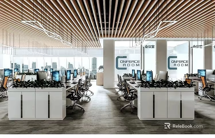 Modern Open Public Office Area With Wooden Slat Ceiling Desks And Computers 3d model 