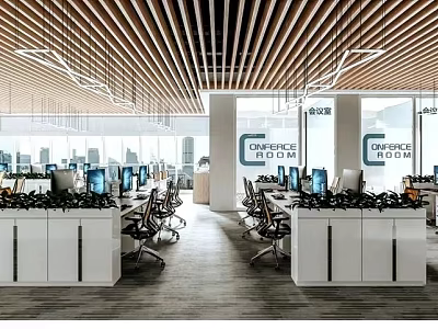 Modern Open Public Office Area With Wooden Slat Ceiling Desks And Computers 3d model