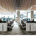 Modern Open Public Office Area With Wooden Slat Ceiling Desks And Computers