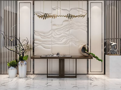 Modern Console Table With Carved Wall Panel And Decorative Green Plants 3d model