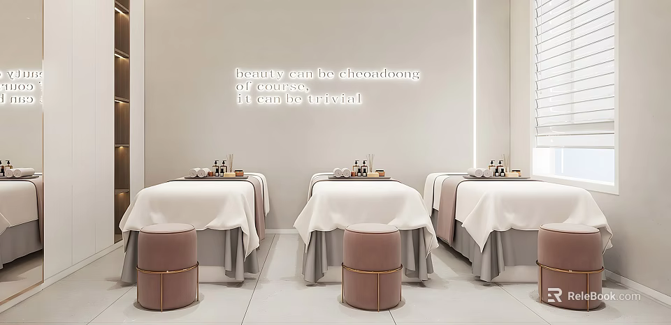 Modern Beauty Spa Treatment Room Interior With White Treatment Beds And Stools 3d model 