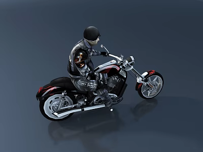 Black Cruiser Motorcycle With Rider In Leather Jacket And Chrome Details 3d model