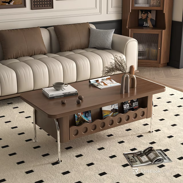 Wooden Coffee Table With Metal Legs Storage Compartment Magazines And Decorative Items On Top 3d model 
