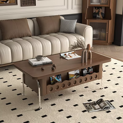 Wooden Coffee Table With Metal Legs Storage Compartment Magazines And Decorative Items On Top 3d model