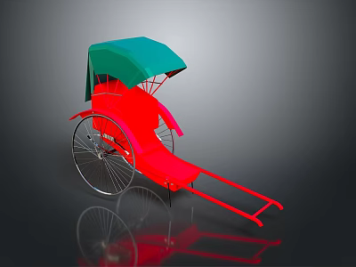 Red Rickshaw With Green Canopy And Wheels On Black Background With Shiny Reflection 3d model