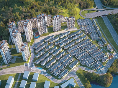 Modern Residential Community with High Rise Apartments Townhouses Greenery Roads and Water 3d model