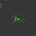 Spaceship Flying In Starry Space With Colorful Green Yellow Pink White Trails