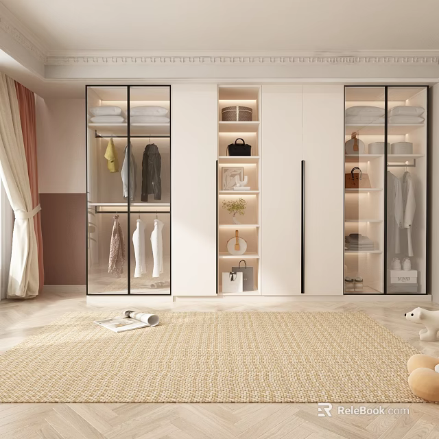 White Wardrobe With Glass Doors Hanging Clothes Area Shelves And Decorative Plant 3d model 