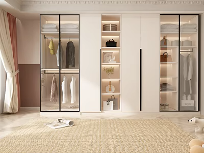 White Wardrobe With Glass Doors Hanging Clothes Area Shelves And Decorative Plant 3d model