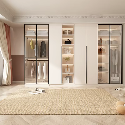 White Wardrobe With Glass Doors Hanging Clothes Area Shelves And Decorative Plant 3d model