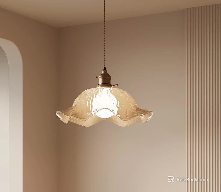 Elegant Cream Ruffled Pendant Light Illuminated Over Arched Textured Beige Interior Wall 3d model 
