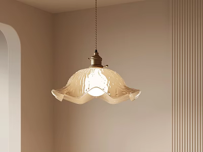 Elegant Cream Ruffled Pendant Light Illuminated Over Arched Textured Beige Interior Wall 3d model