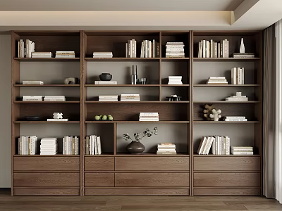 Modern Wooden Bookcase With Multiple Shelves Books Decorative Items Vase And Storage Drawers 3d model