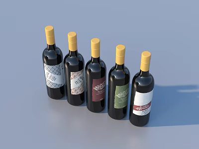 Dark Wine Bottles With Yellow Caps And Various Labels Arranged On Gray Background 3d model