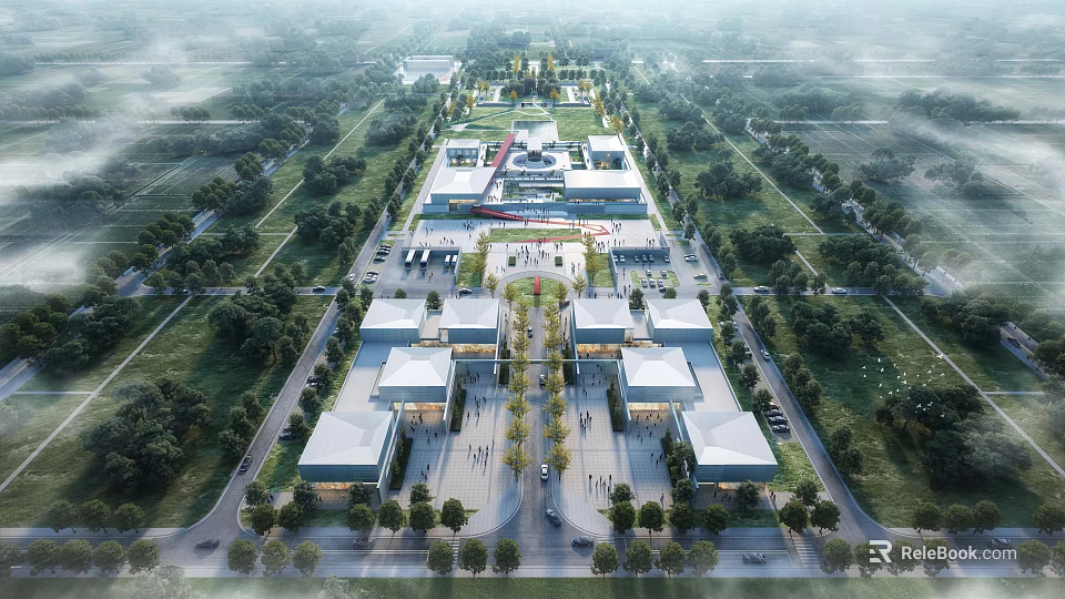 Aerial View Of Modern Large Campus With Multiple Buildings Green Landscape And Central Square 3d model 