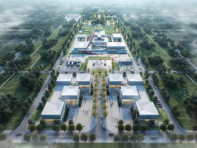 Aerial View Of Modern Large Campus With Multiple Buildings Green Landscape And Central Square 3d model