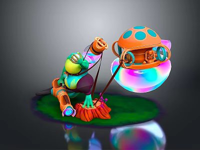 Colorful Mechanical Fantasy Scene With Green Frog Orange Device And Rainbow Colored Bubble On Grass 3d model