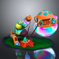 Colorful Mechanical Fantasy Scene With Green Frog Orange Device And Rainbow Colored Bubble On Grass