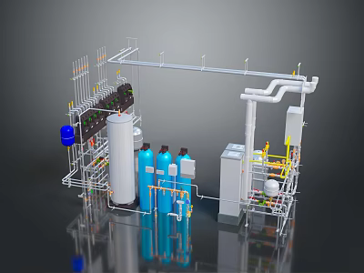 Industrial Processing System Featuring Pipes Blue Tanks Control Panels Valves And Metal Framework 3d model