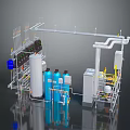 Industrial Processing System Featuring Pipes Blue Tanks Control Panels Valves And Metal Framework