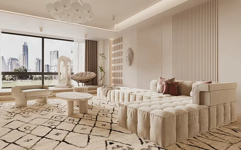 Modern Cream Home Living Room Sofa Coffee Table Combination Chandelier 3d model