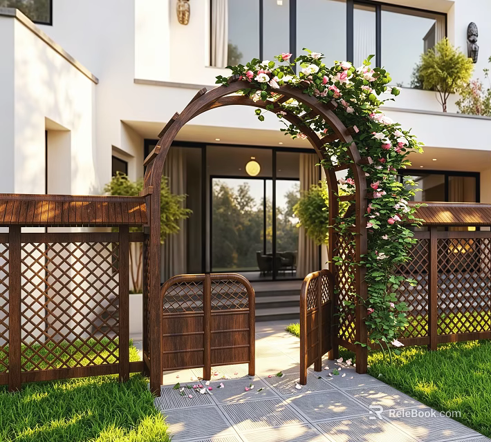 Wooden Arched Arbor With Climbing Pink Flowers And Green Plants At House Entrance 3d model 