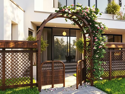 Wooden Arched Arbor With Climbing Pink Flowers And Green Plants At House Entrance 3d model