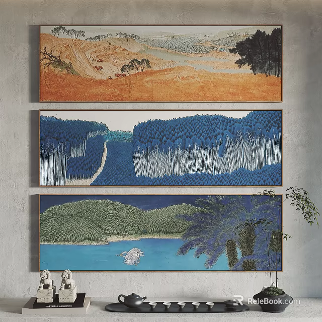 Three Panel Landscape Wall Art Featuring Orange Blue Green Natural Scenery 3d model