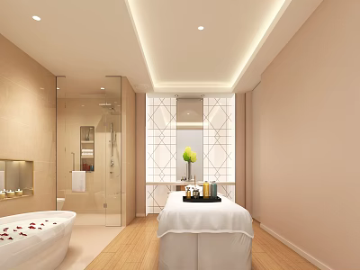 Relaxing SPA Sauna Interior Design With Jacuzzi Rose Petals Massage Bed And Wooden Flooring 3d model