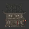 Traditional Chinese Architecture with Classic Tiled Roof Wooden Porch Red Lanterns and Stone Steps