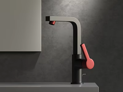 Modern Black Faucet with Red Handle and Spout in Bathroom Gray Wall Countertop 3d model