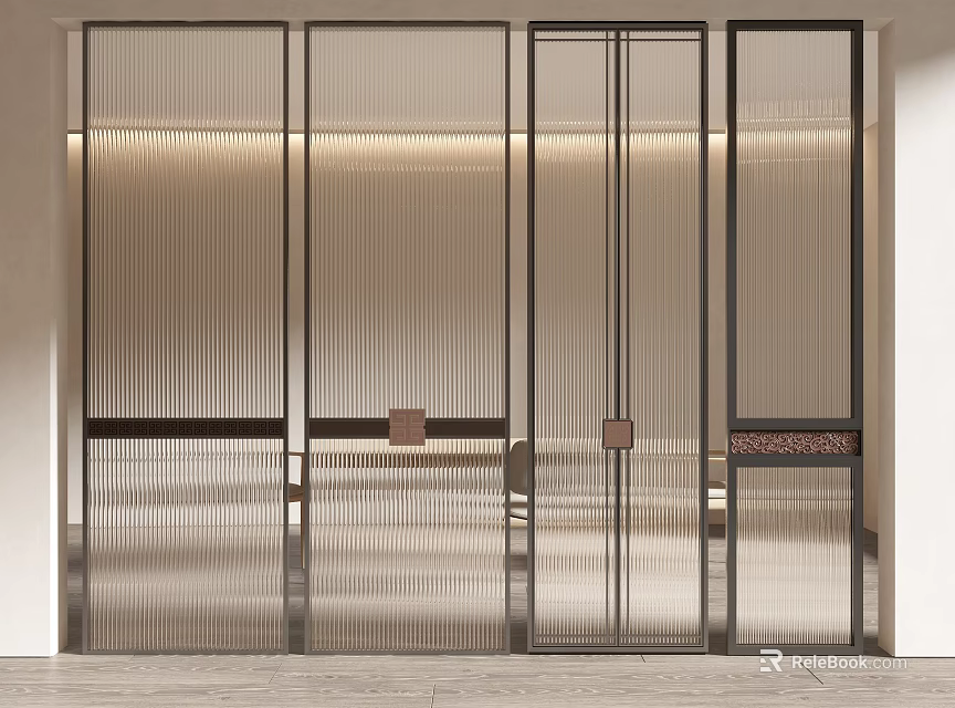 Modern Glass Partition With Metal Frame And Vertical Stripes Design Elements 3d model