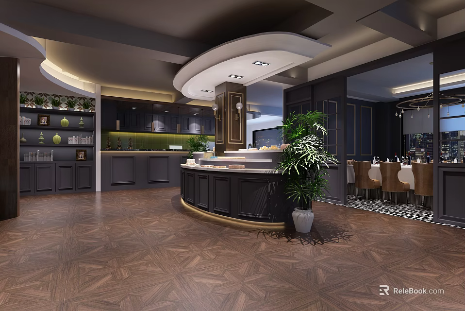 Modern Restaurant Interior With Curved Counter Green Plant Dark Cabinets And Wooden Floor 3d model 