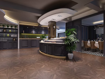 Modern Restaurant Interior With Curved Counter Green Plant Dark Cabinets And Wooden Floor 3d model