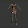 Brown Leather High Neck Belted Outfit With Long Gloves And Silver Boots