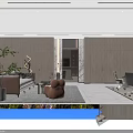 Modern Office Interior Design With Large Windows City View TV Screen Orange Shelves And Plants