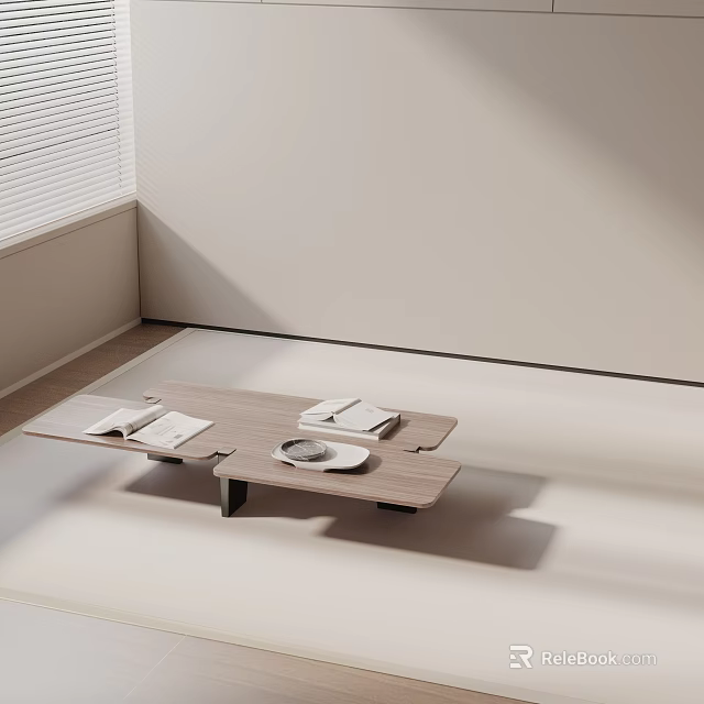 Sofa Coffee Table Set with Light Wood Top Light Walls Window Blinds Books and Plate 3d model 