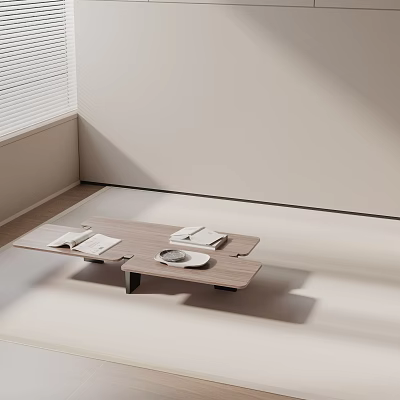 Sofa Coffee Table Set with Light Wood Top Light Walls Window Blinds Books and Plate 3d model
